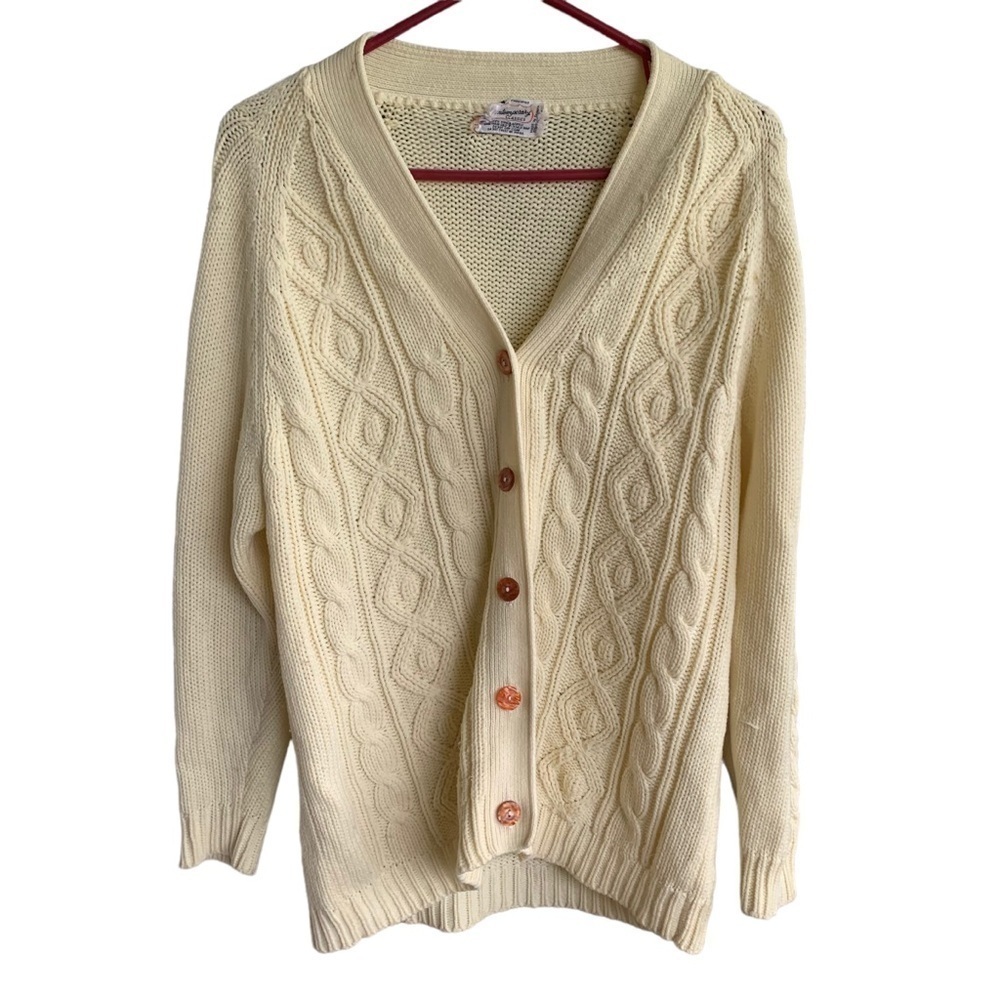 Vintage Cable Knit Cardigan Sweater Adult Large Women’s 70s Sweater Cream